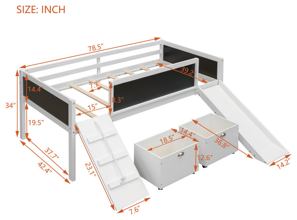 Gewnee Wood Twin Loft Bed with Two Storage Boxes and Slide in White