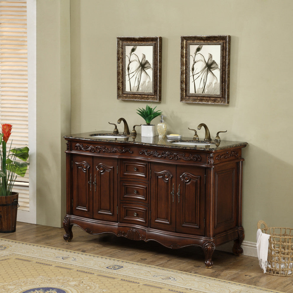 Cassandra 60" Dark Cherry Double Sink Bathroom Vanity, Baltic Brown Granite Top