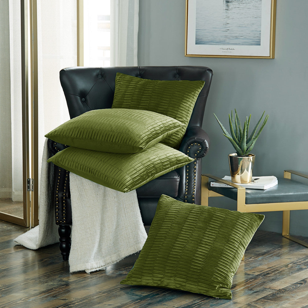Pleated Velvet Pillow Cover 4 Piece Set, Avocado, 20" X 20"