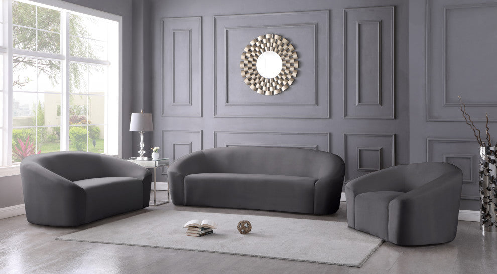 Riley Velvet Upholstered Rounded Sofa, Gray