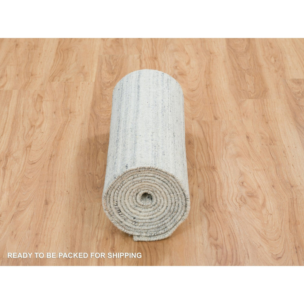 Ivory Plain Modern Striae Pure Wool Hand Loomed Runner Oriental Rug 2'5"x15'9"