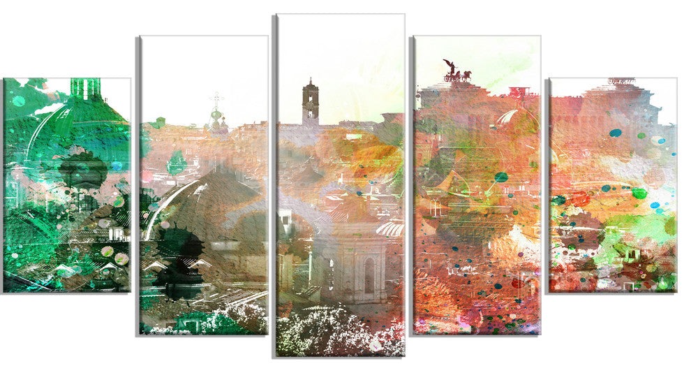Colorful City Watercolor, Landscape Canvas Art Print, 60"x32", 5 Panels