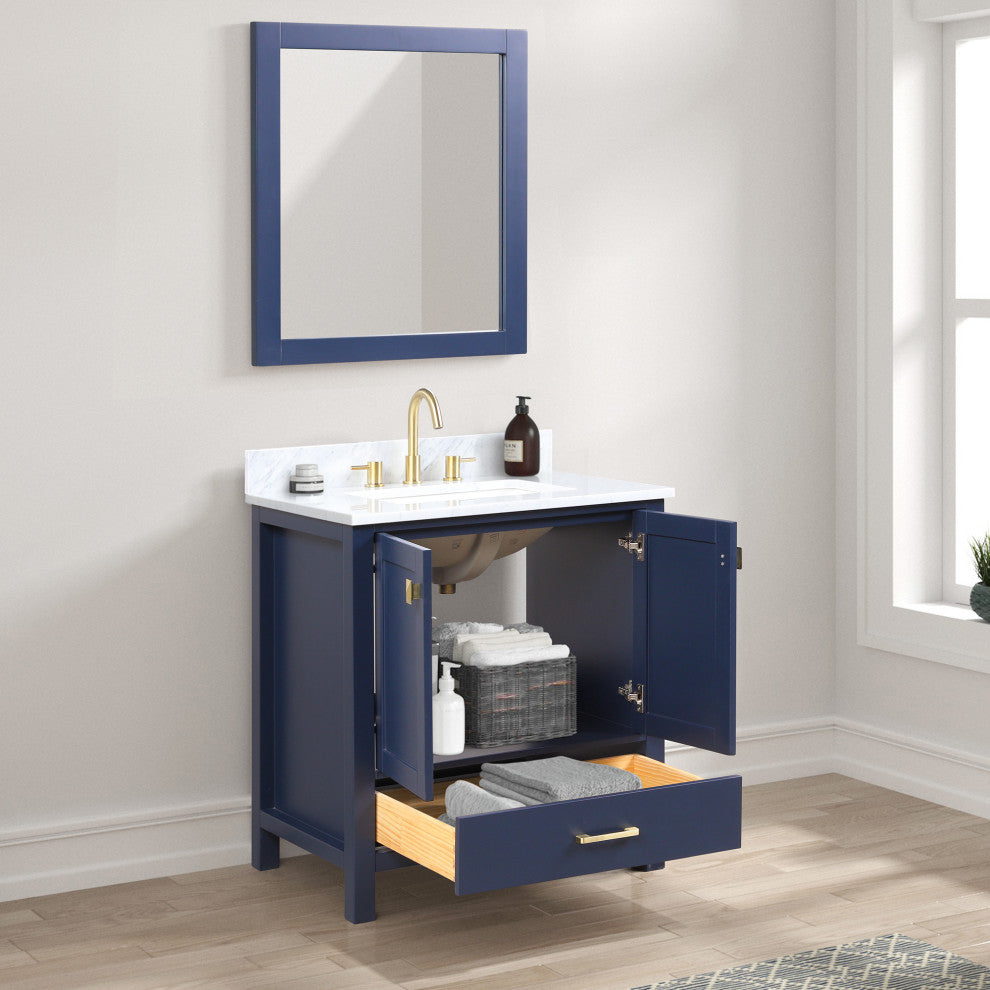 Freestanding Bathroom Vanity With Marble Countertop and Undermount Sink, Blue, 30'' With Sink