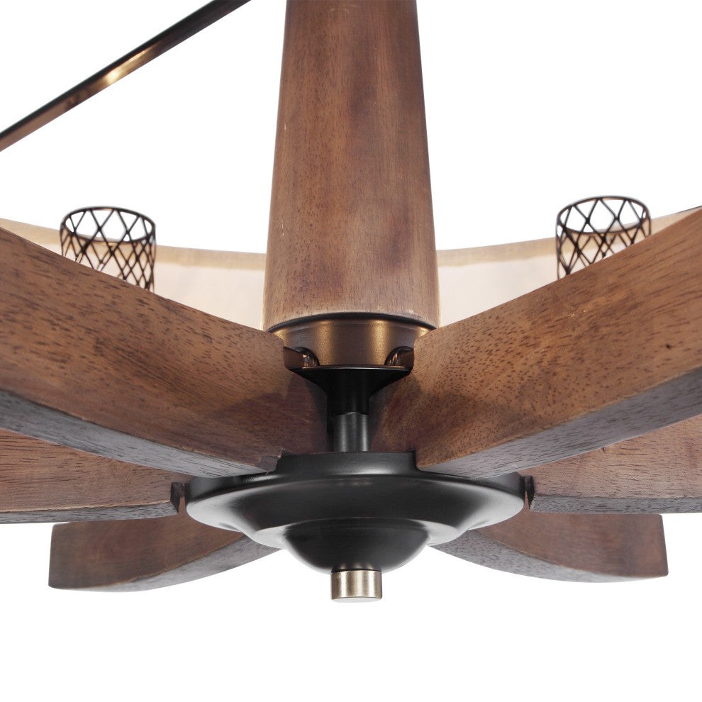 Mid Century Modern Wide Shade Drum Chandelier, 6 Light Wood Arm Bronze Pendant