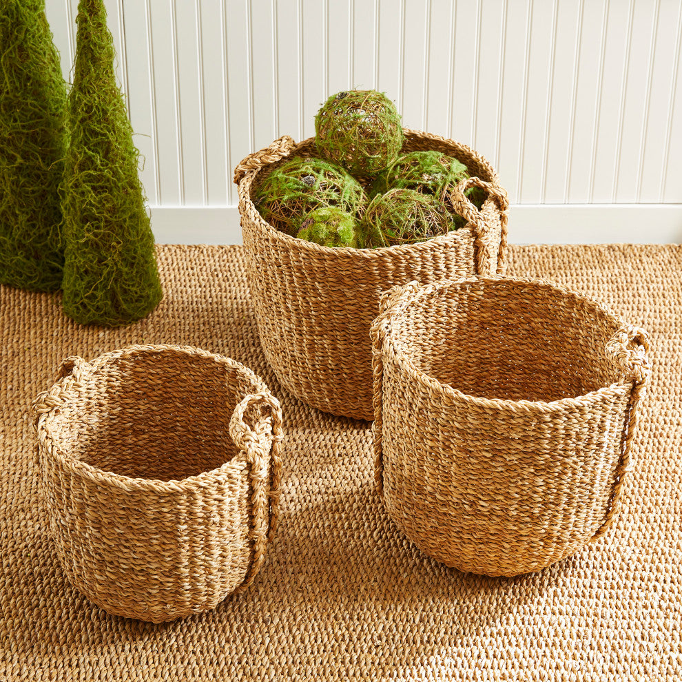 Set of 3 Contemporary Casual Natural Sea Grass Round Tote Baskets Handles Large