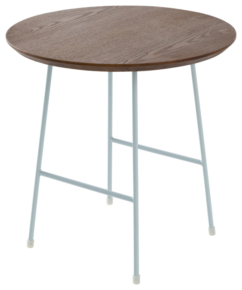 LeisureMod Rossmore Modern Round Side Table With White Steel Frame, Walnut