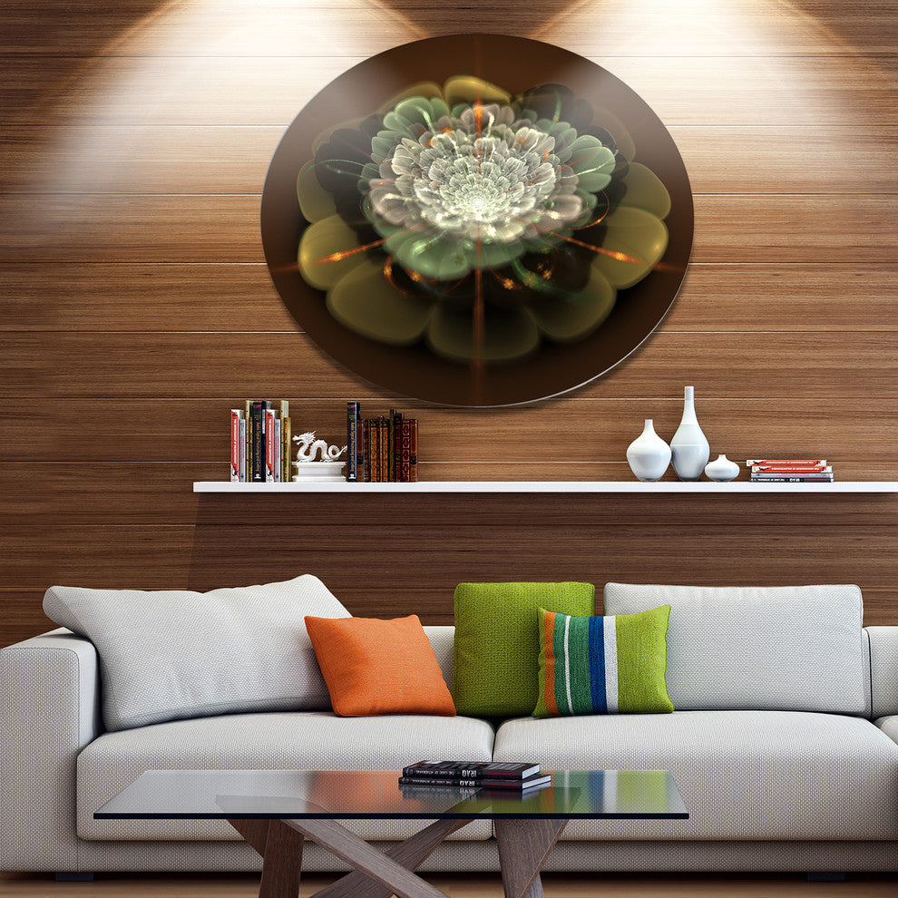 White Fractal Flower On Brown, Flower Round Metal Wall Art, 11"