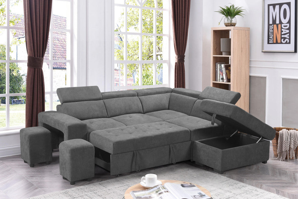 Henrik Gray Sleeper Sectional Sofa With Storage Ottoman and 2 Stools, Light Gray