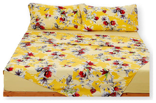 Sunshine Yellow Hummingbirds Floral Fitted & Flat Bed Sheets Set, King