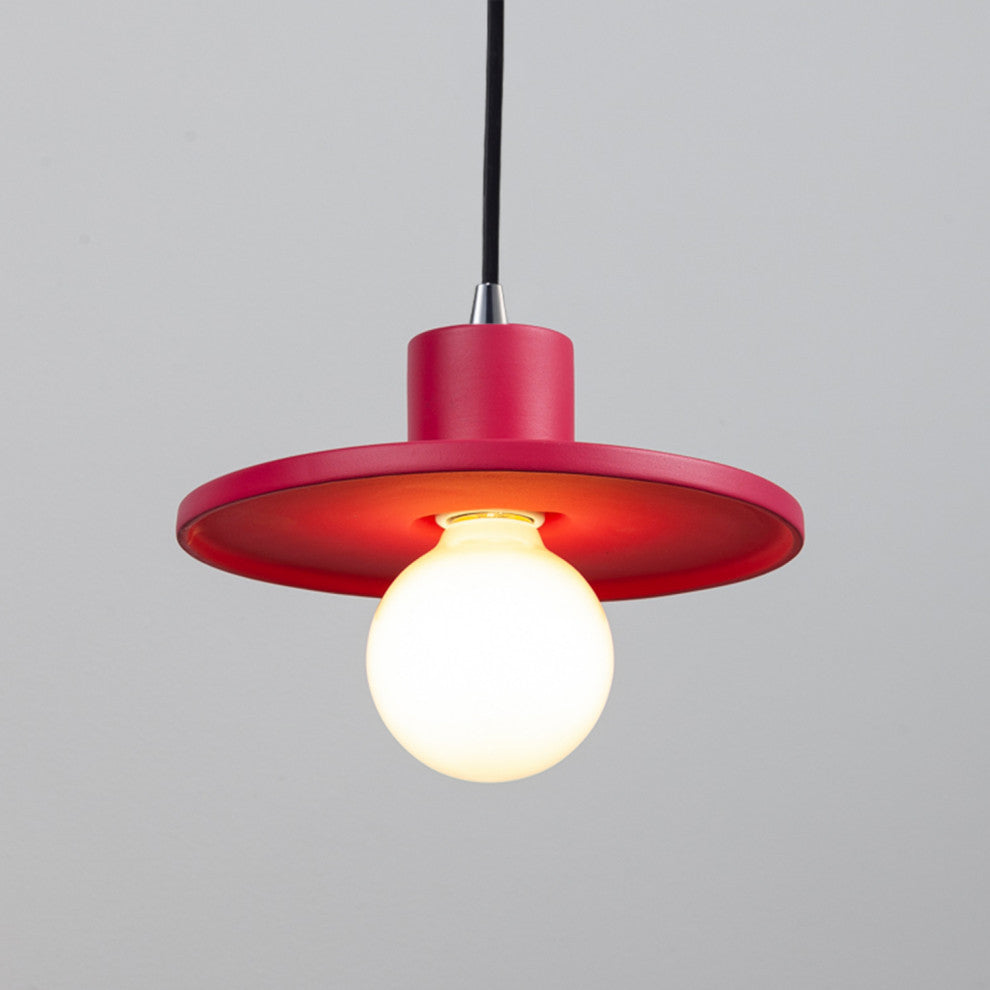 Saucer Pendant, Cerise, Polished Chrome, Black Cord
