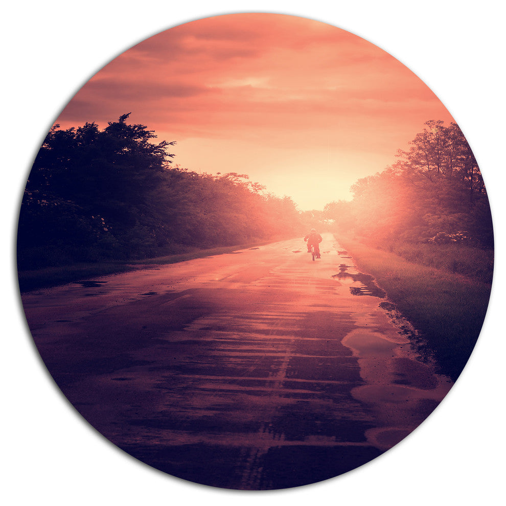 Vintage Biker At Sunset, Modern Landscape Disc Metal Wall Art, 23"