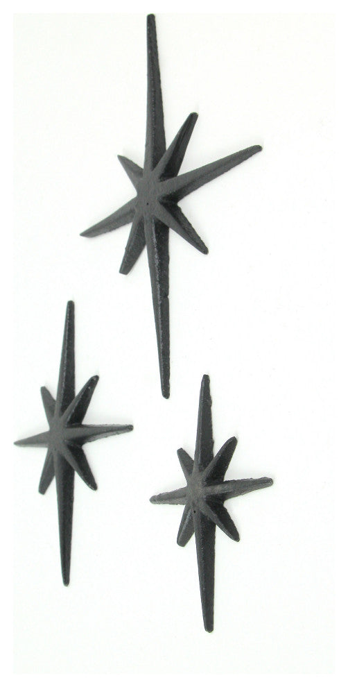 Set of 3 Black Cast Iron 8 Pointed Starburst Wall Hangings Mid Century Stars