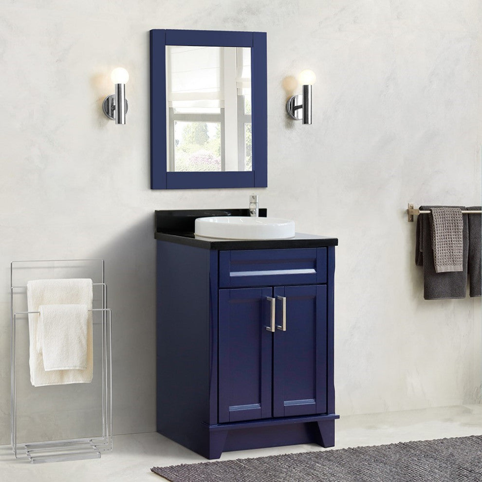 25" Single Sink Vanity, Blue Finish With Black Galaxy Granite And Round Sink