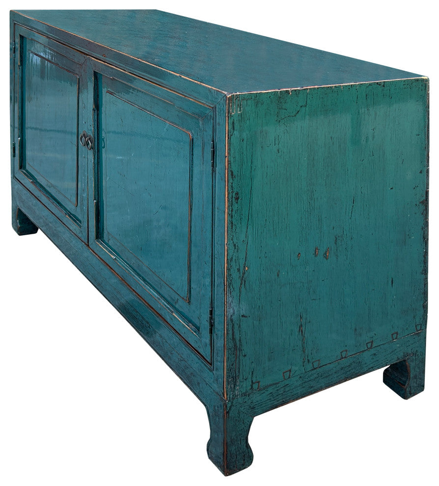 Distressed Rich Teal Blue 2 Doors Low Credenza Sideboard Console Cabinet