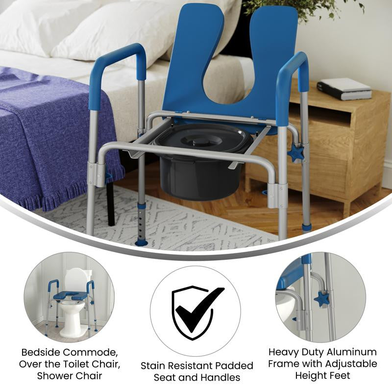Hercules Shower Commode Chair with Safety Rail, Height Adjustable Frame, Blue