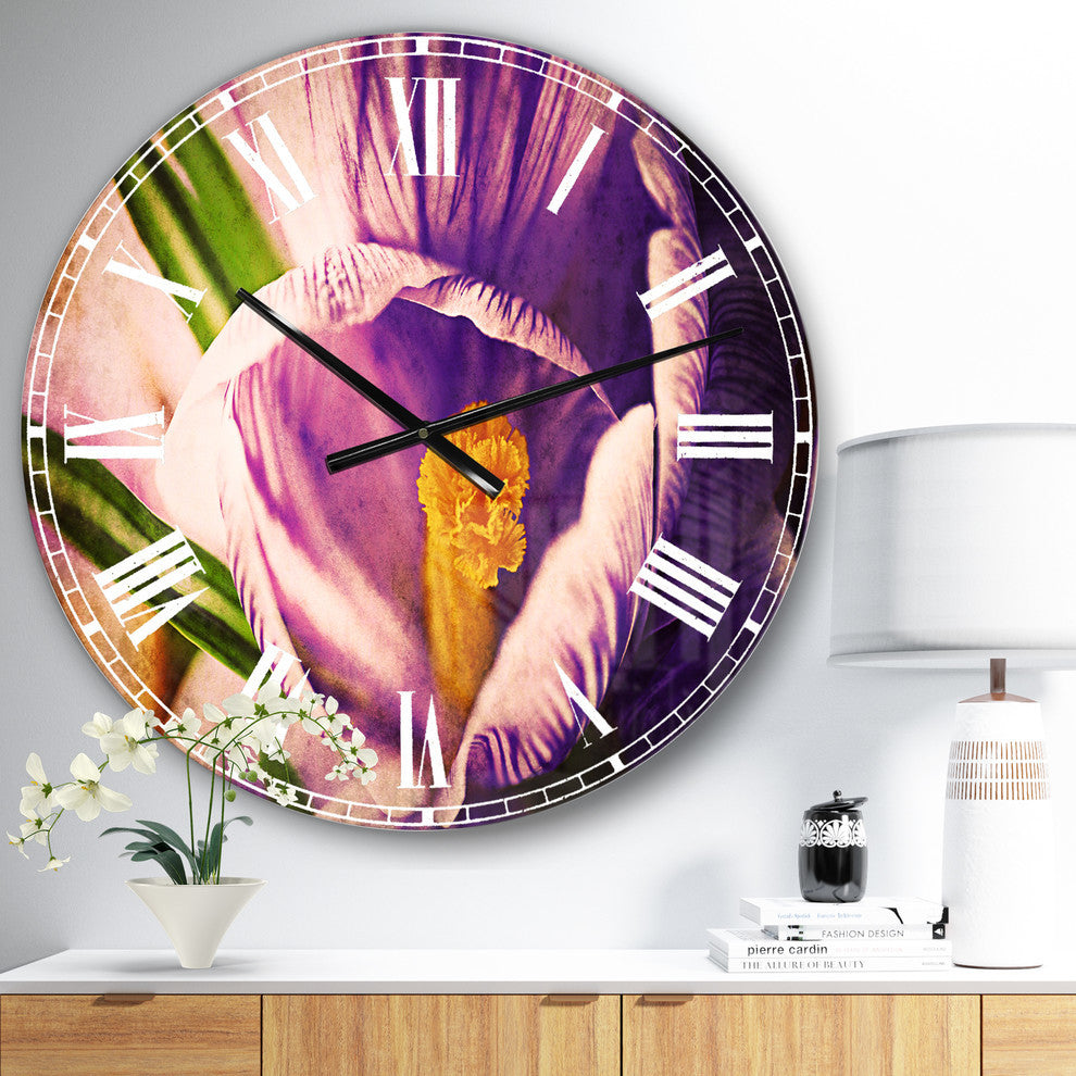 Blooming Crocus Flower Floral Large Metal Wall Clock, 23x23