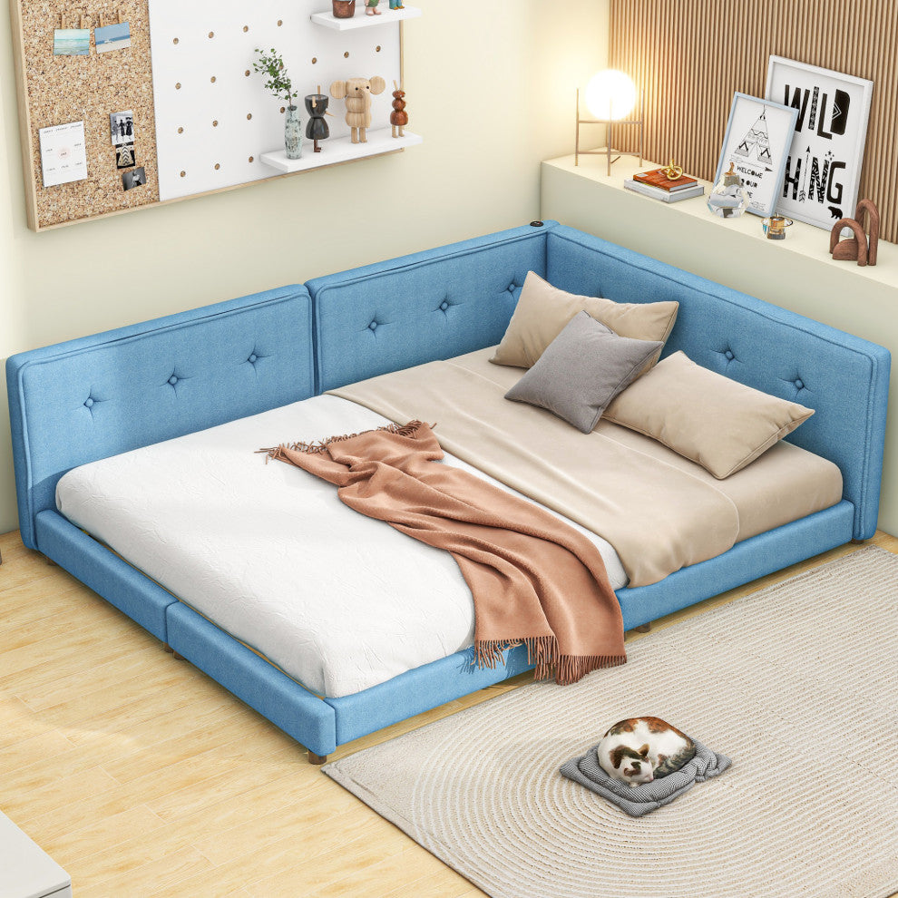 Gewnee Upholstered Full Size platform bed with USB Ports, Blue