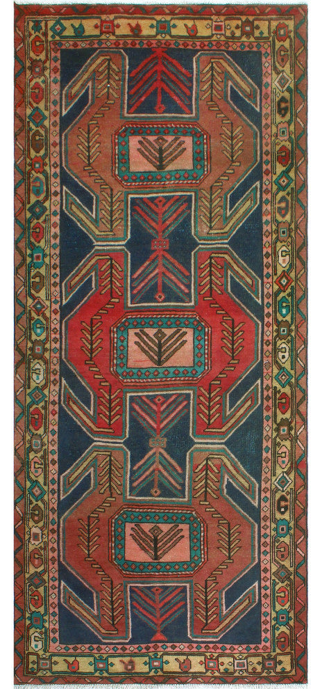 Fine Vintage Distressed Malay Rust/Navy Runner, 4'5x10'2