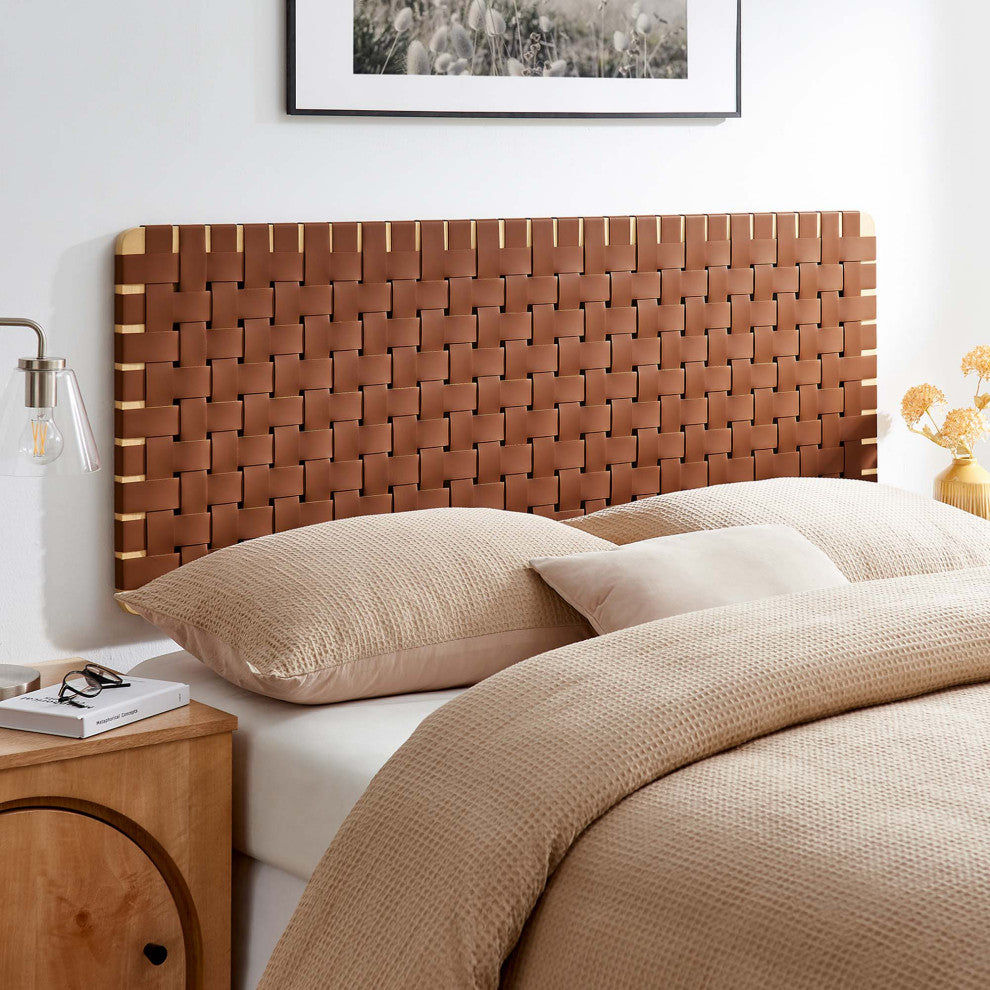 Sparta Weave Wall-Mount Vegan Leather Queen Headboard, Natural Brown