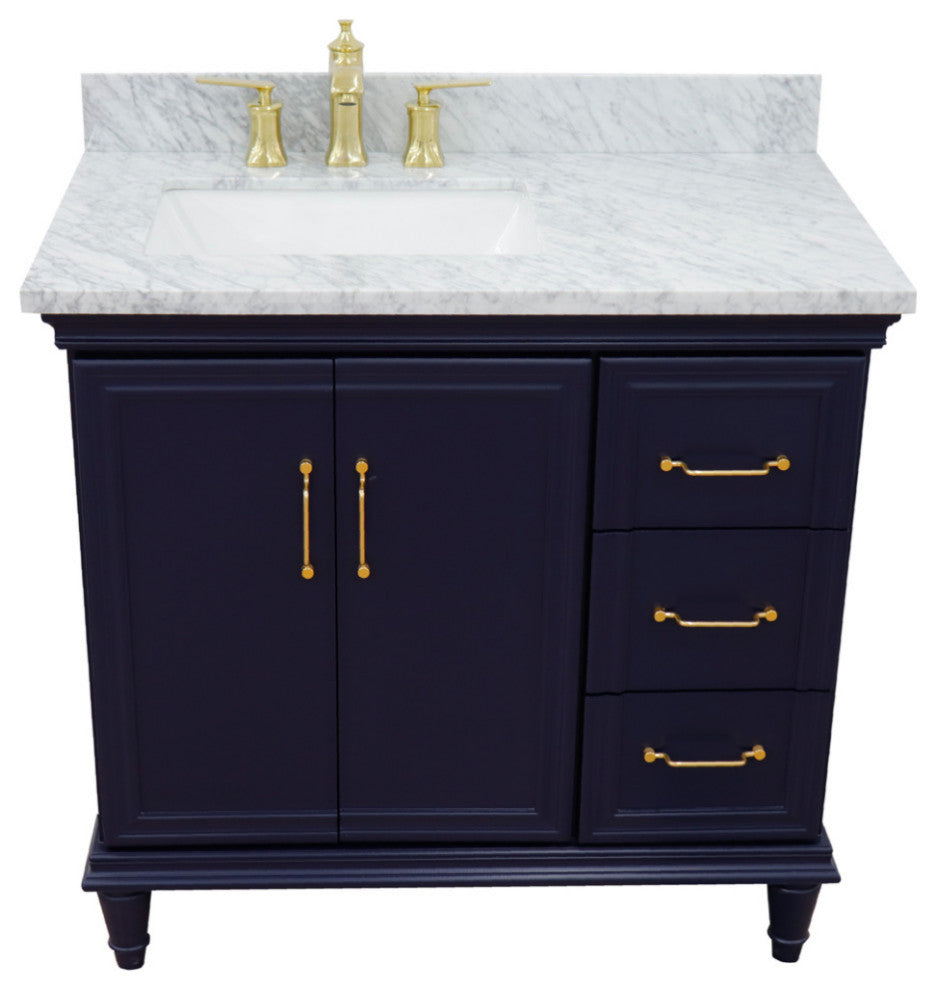37" Single Vanity, Blue Finish With White Carrara