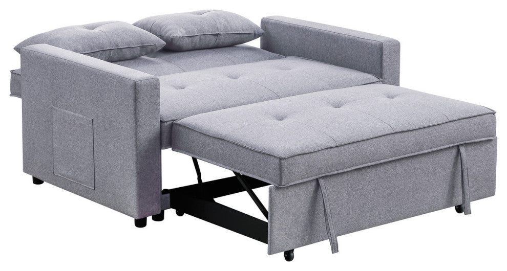 Zoey Linen Convertible Sleeper Loveseat With Side Pocket, Light Gray