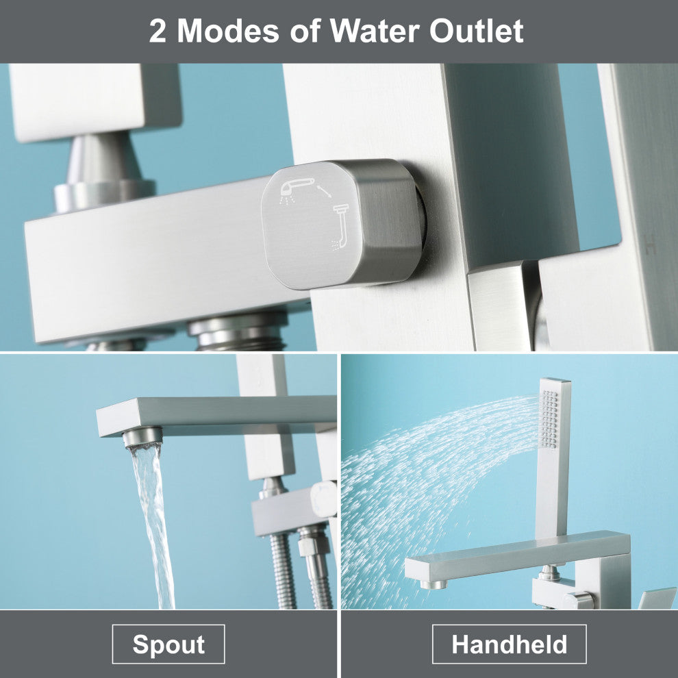 Wellfor Waterfall Floor Mounted Tub Faucet With Hand Held Shower, Brushed Nickel