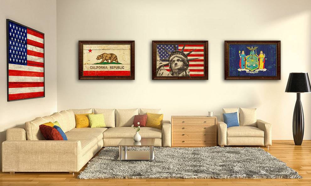 Statue Of Liberty American Textured Flag Print With Brown Gold Frame, 15"X21"
