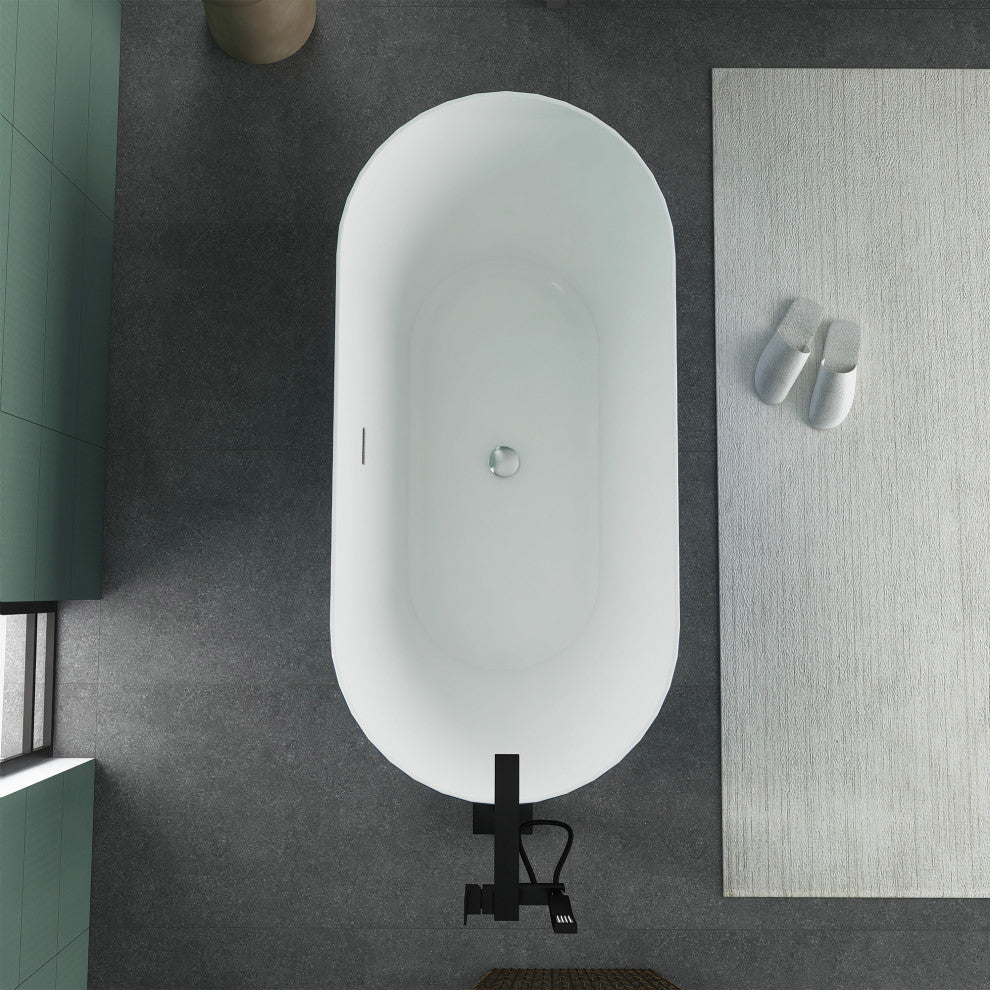 59 Inches Acrylic Freestanding Flatbottom Soaking Bathtub, Drain, Matte Blue