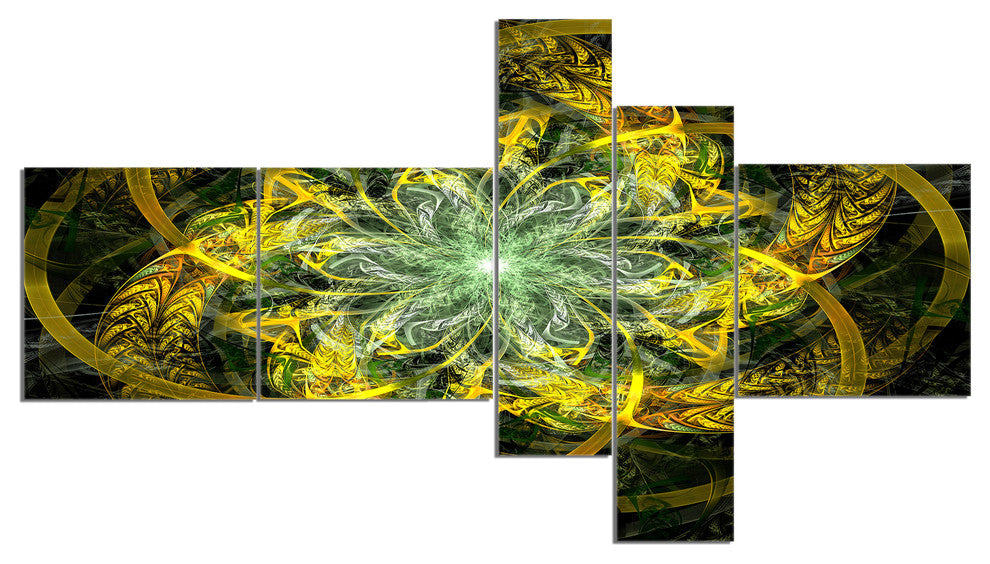 Yellow and Green Fractal Flower, Abstract Canvas Art Print, 60"x32", 5 panels