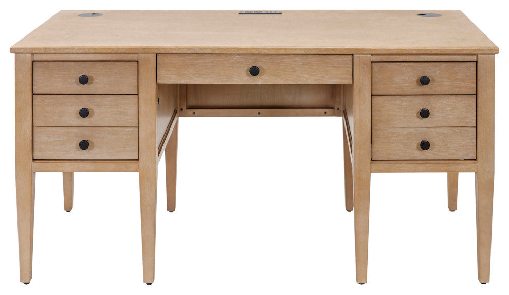 Modern Wood Half Pedestal Desk, Wood Office Desk, Fully Assembled, Light Brown