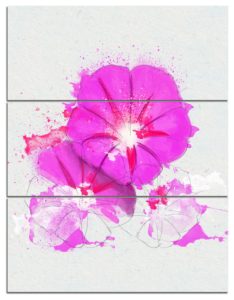 Pink Flowers Sketch with Color Splashes, Floral Canvas Print, 28x36, 3 Panels