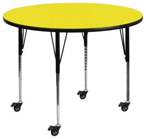 Mobile 48'' Round Yellow HP Laminate Activity Table-Adjustable Legs