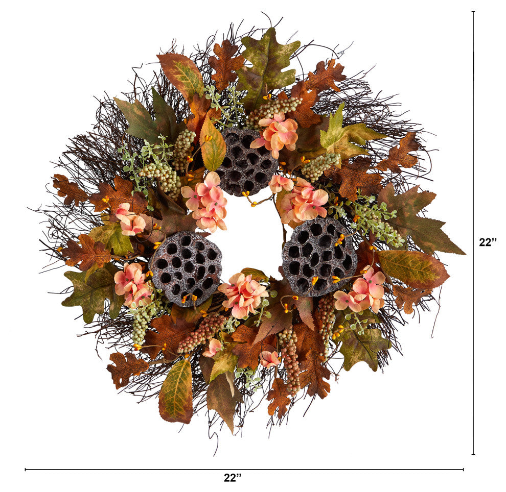 W1249 22 Autumn Hydrangea, Dried Lotus Pod Artificial Fall Wreath