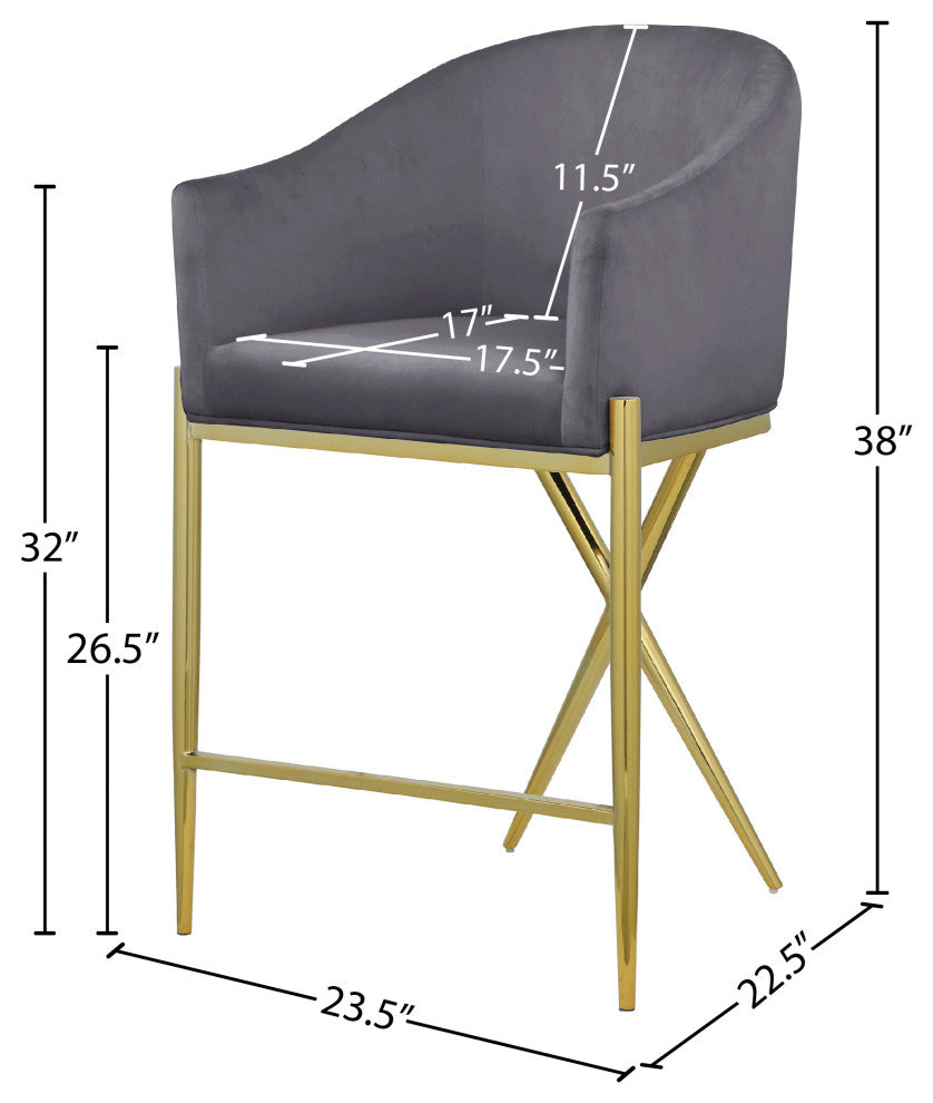 Xavier Velvet Upholstered Counter Height Stool, Gray, Gold Finish