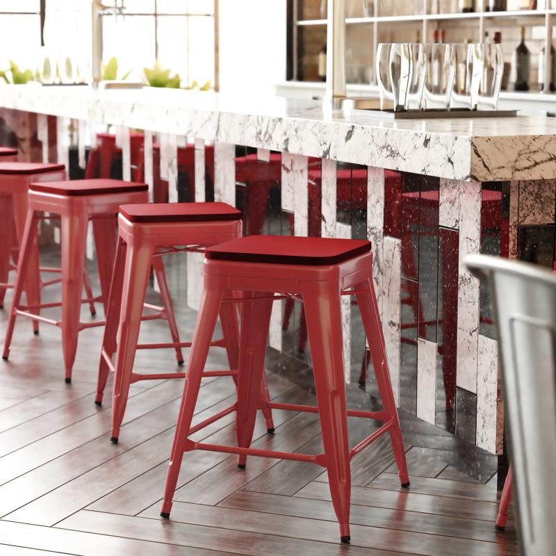 Kai Commercial Grade 24" High Metal Indoor-Outdoor Counter Height Stool, Red/Red