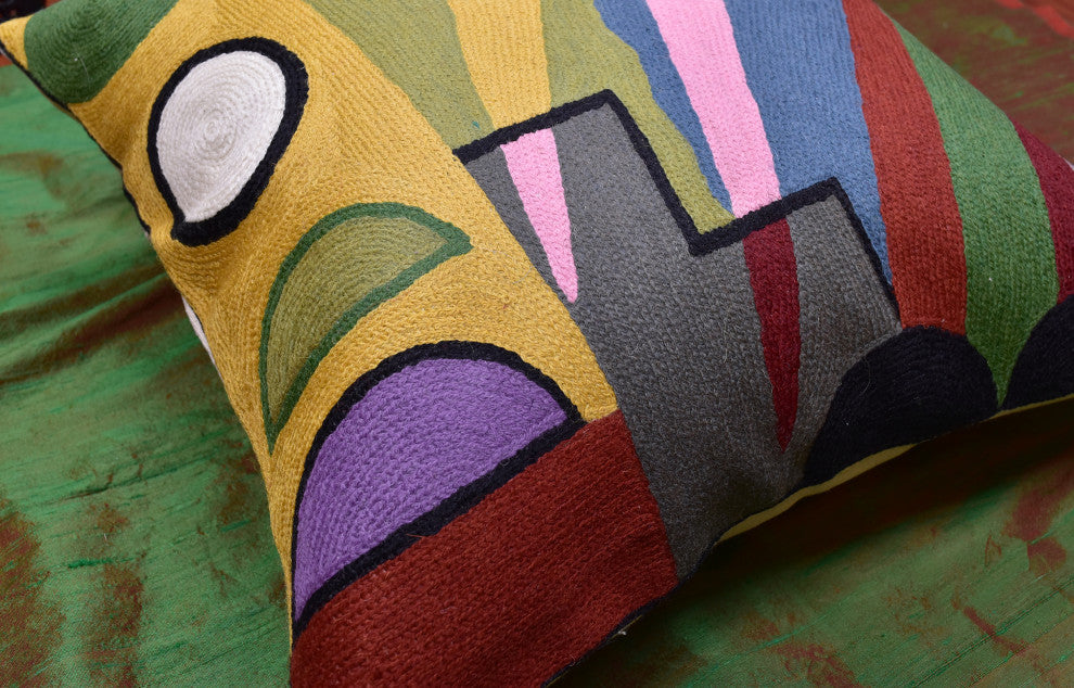 Kandinsky Pillow Cover Composition VI Blue Gray Gold Handembroidered Wool 18x18"