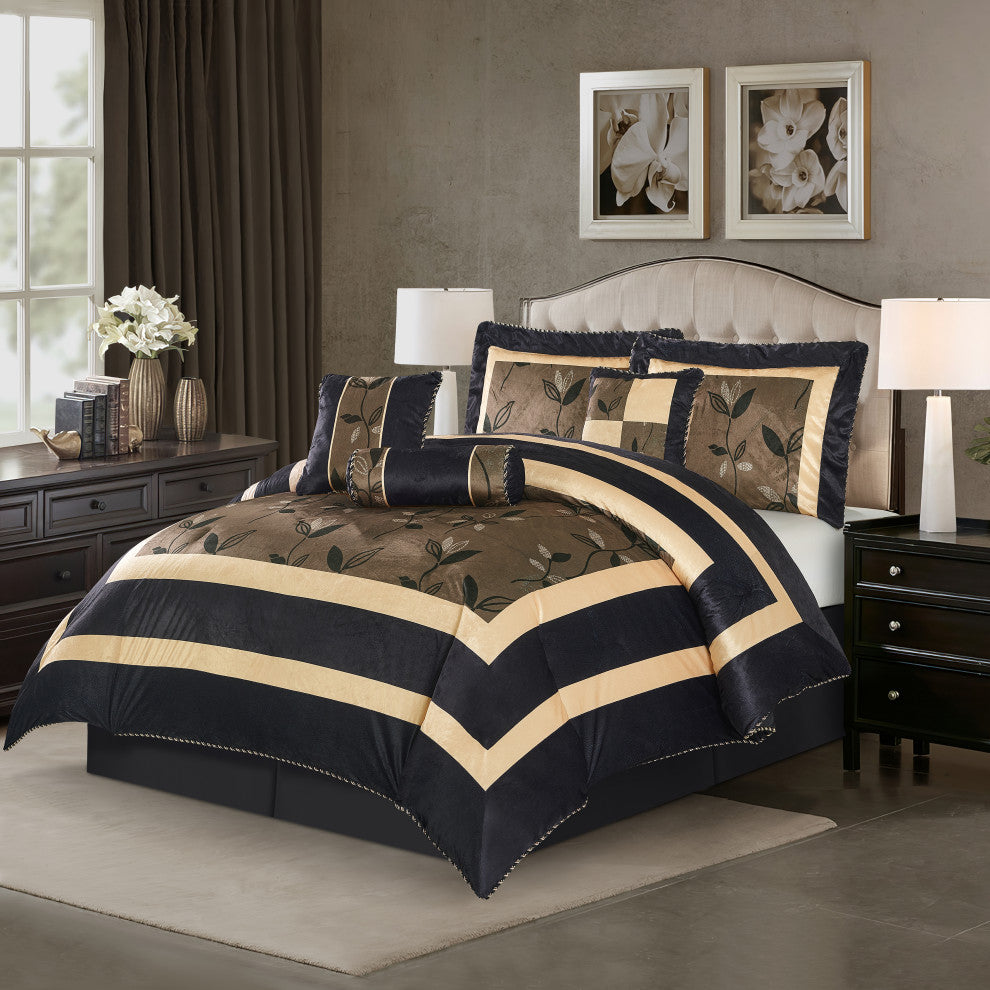 Nanshing Pastora 7-Piece Plush Print Comforter Set, Bronze, Queen