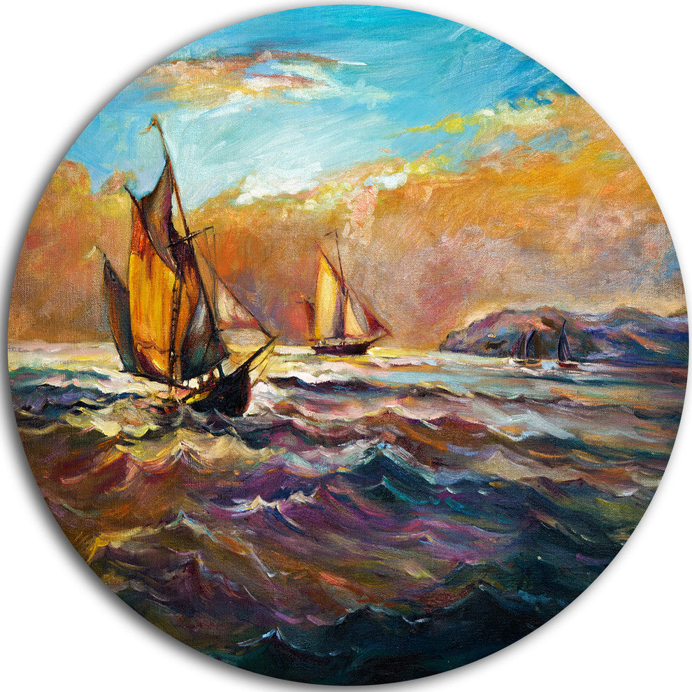 Boats In Roaring Sea, Seascape Painting Disc Metal Artwork, 23"