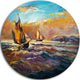Boats In Roaring Sea, Seascape Painting Disc Metal Artwork, 23"