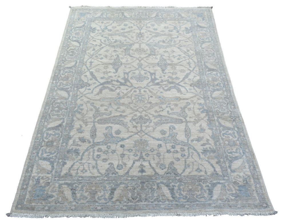 Ivory Pure Wool Natural Dyes Hand Knotted Stone Wash Peshawar Rug, 3'9"x6'0"