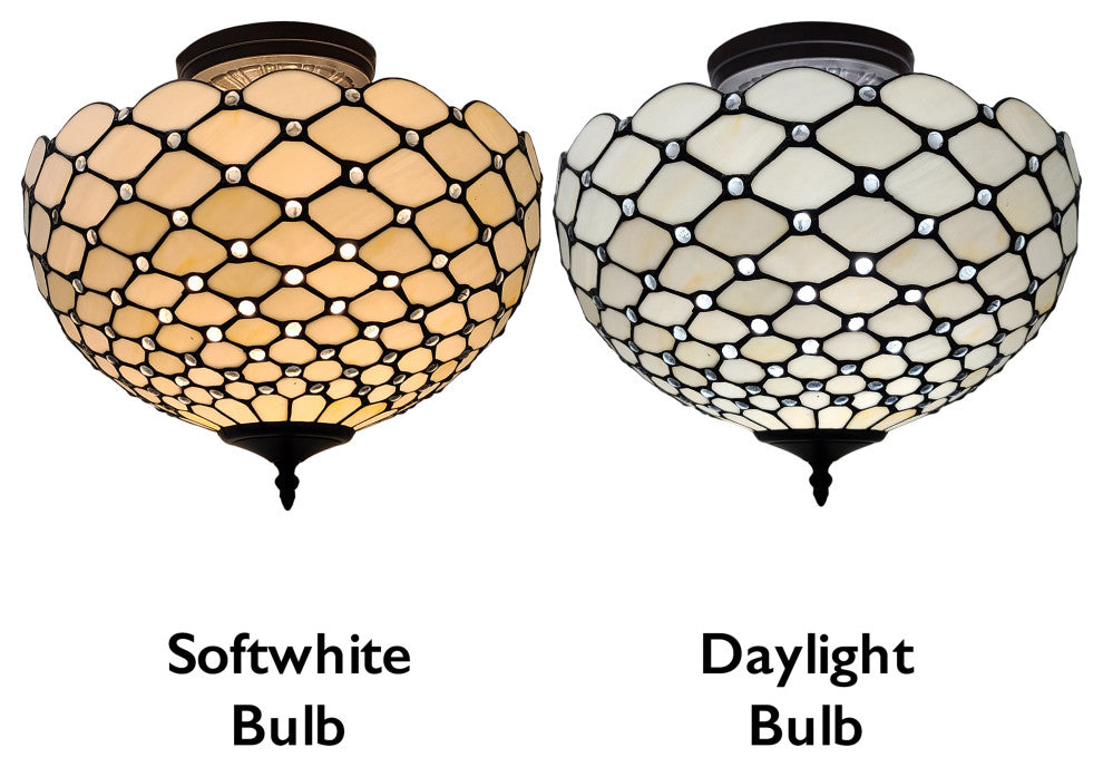 Tiffany Style 2 Light Impearled Semi-Flush Ceiling Lamp, 16" Wide