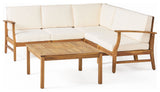 Outdoor 5-Seat V Shaped Acacia Sectional With Table, Cream
