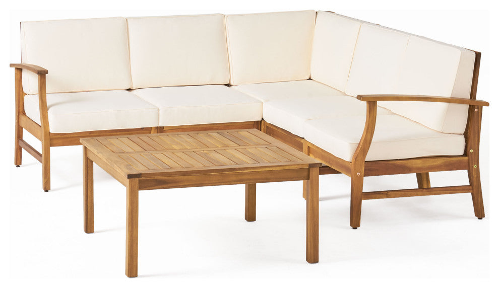 Outdoor 5-Seat V Shaped Acacia Sectional With Table, Cream