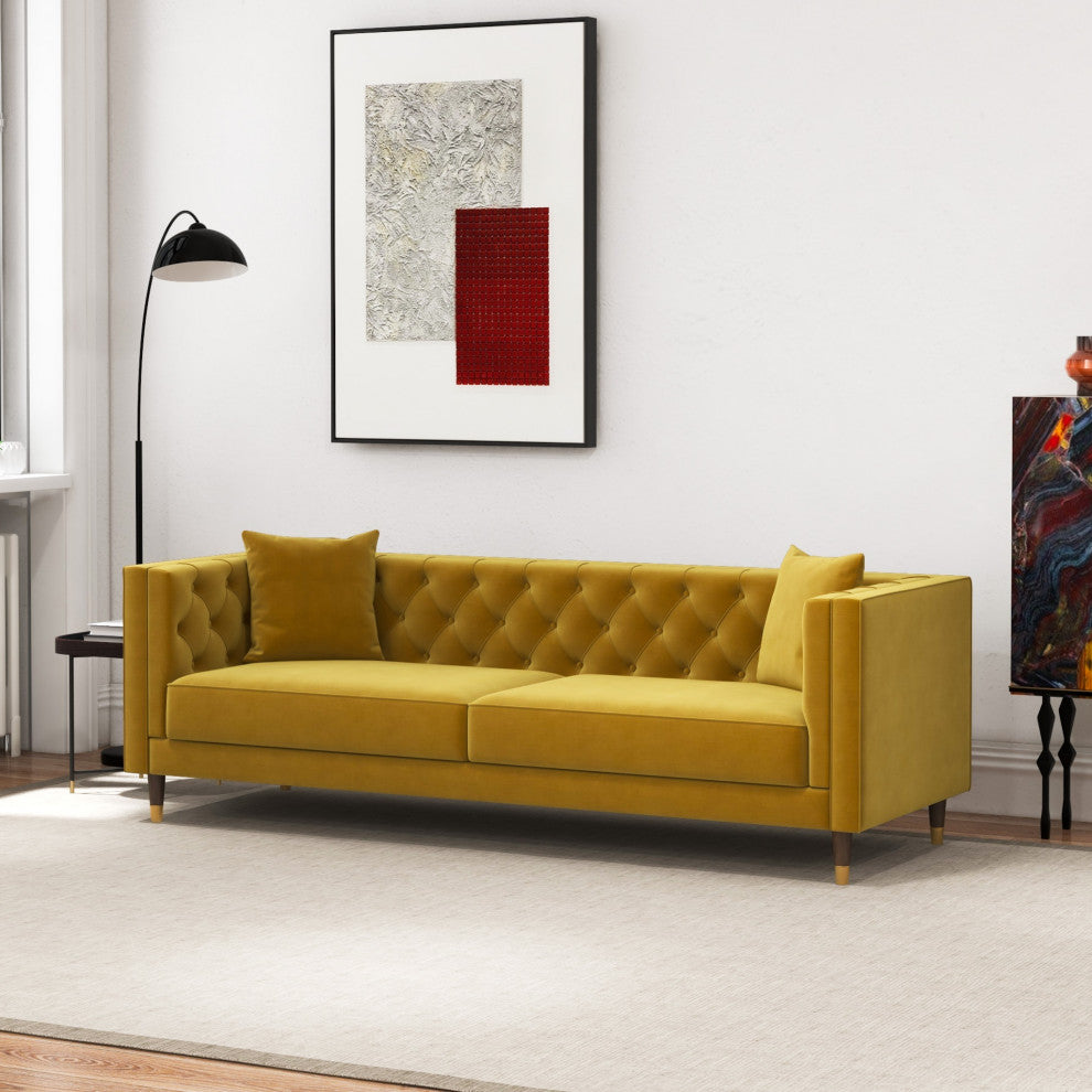 Lewis Mid-Century Modern Luxury Tufted Velvet Sofa, Mustard Yellow