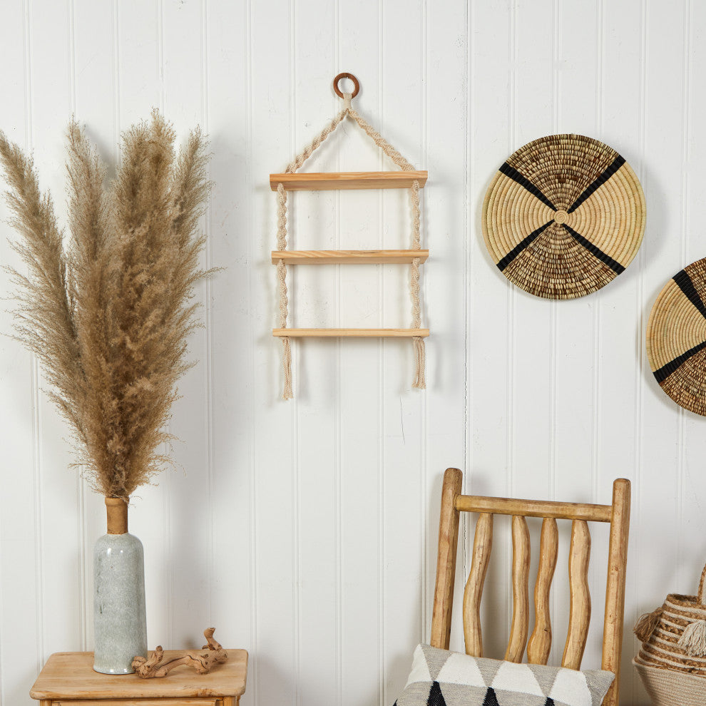 7127 2.5x1 Three Tier Handmade Boho Macrame Wall Hanging With Wooden Shelf