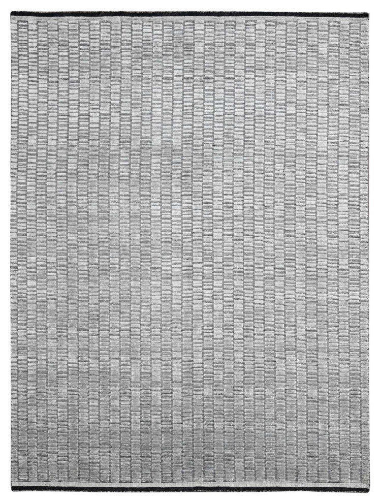 Gray and Black Hand Loomed Wool and Silk Modern Roman Design Rug, 7'10"x10'