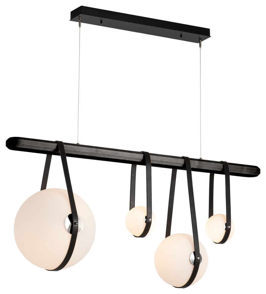 Derby Linear 4-Light LED Pendant, Polished Nickel, Black Leather, Black