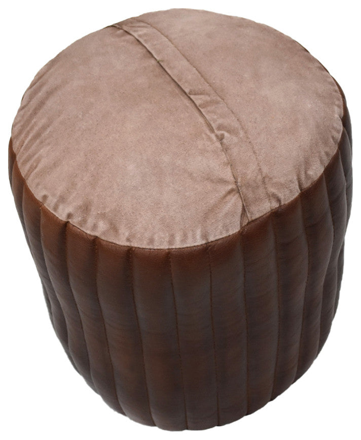 Poufs-Solid Handmade Goat Leather Pouf, Recycled Cotton Fill, Brown, 18x18x18 Round