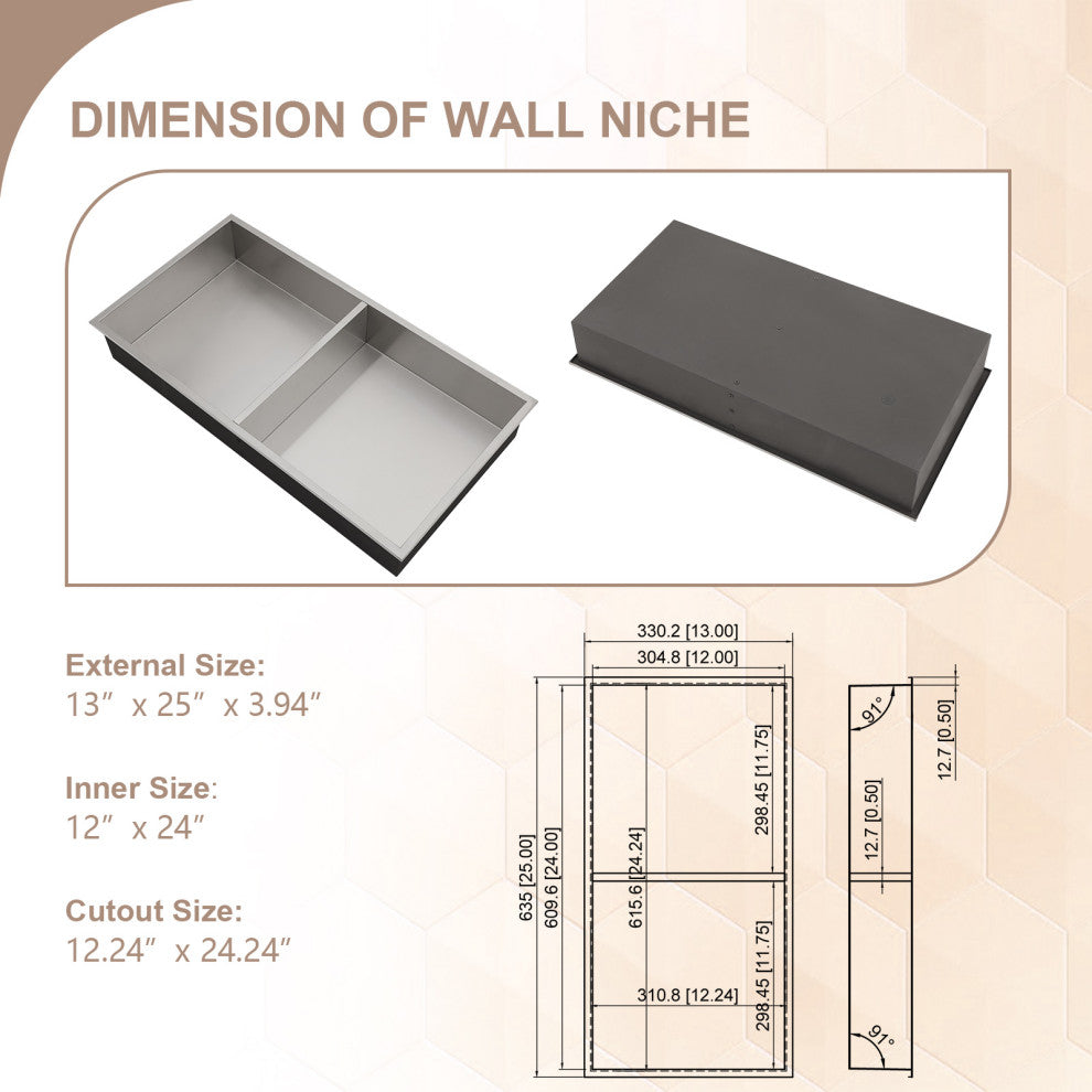 Stainless Steel Shower Niche Recessed Double Layer No Tile Needed , Brushed