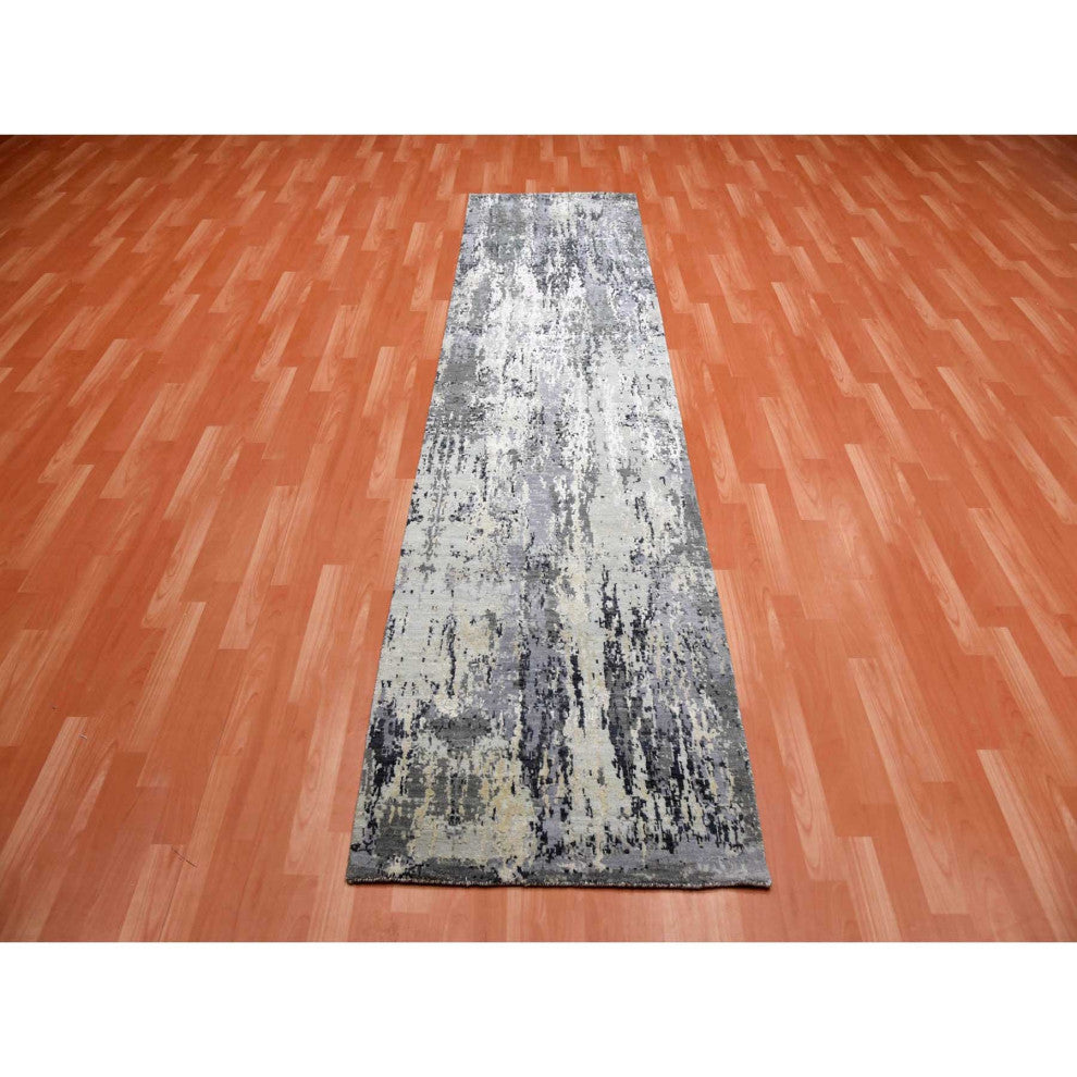 Charcoal Gray Wool and Silk Denser Weave Hand Knotted Runner Rug, 2'7"x10'3"